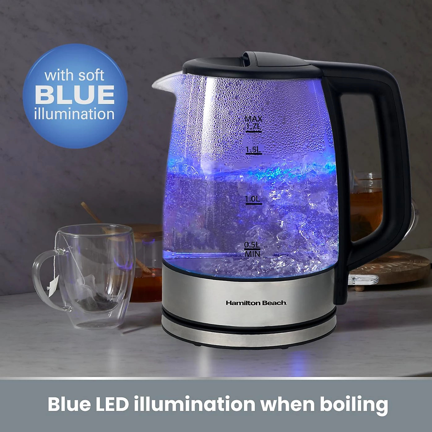Hamilton Beach 1.7L Illuminating Glass Kettle | Illumination at night