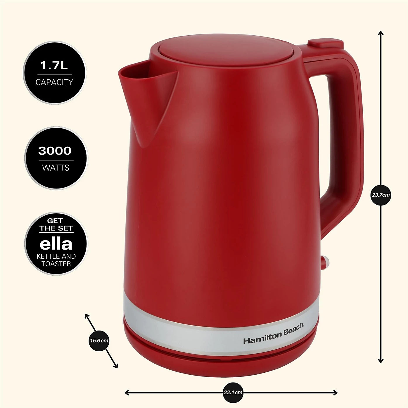 Hamilton Beach Ella Kettle 1.7 LItre Matte Red | Information
