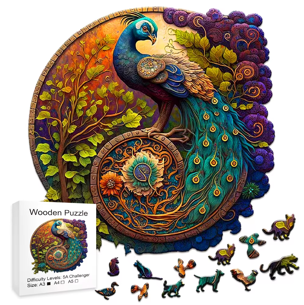 Wooden Peacock Puzzle Round - Colourful Peacock Wooden Puzzle - Gift A3 Size