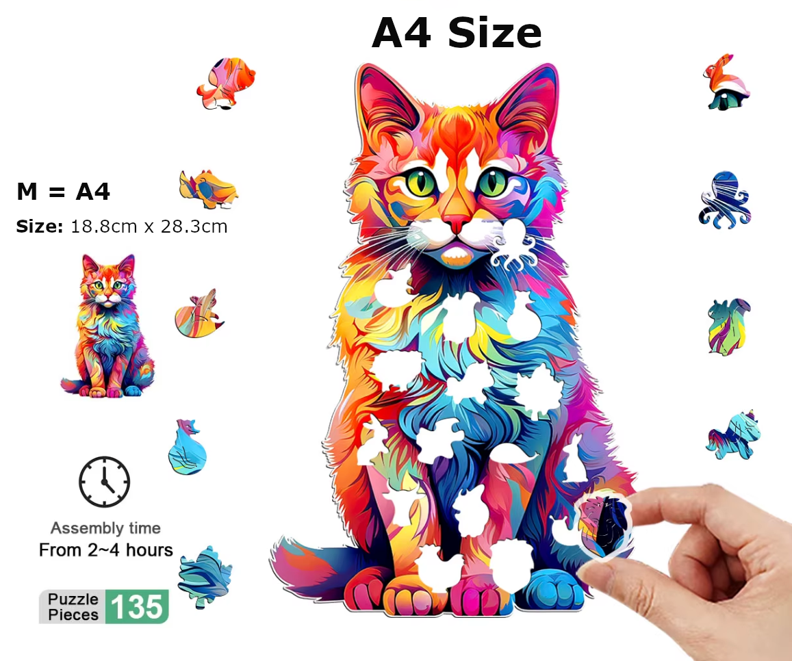 Colourful Wooden Cat Puzzle - A4 size with 135 pcs Ideal Gift Wooden Jigsaw Cat