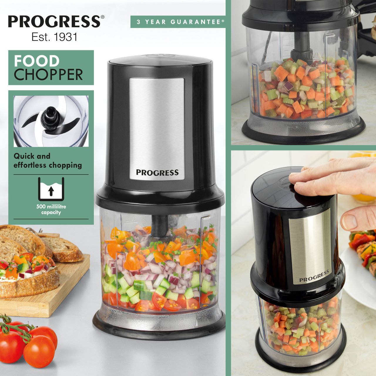 Electric Food Chopper 500ml Stainless-steel Progress UK