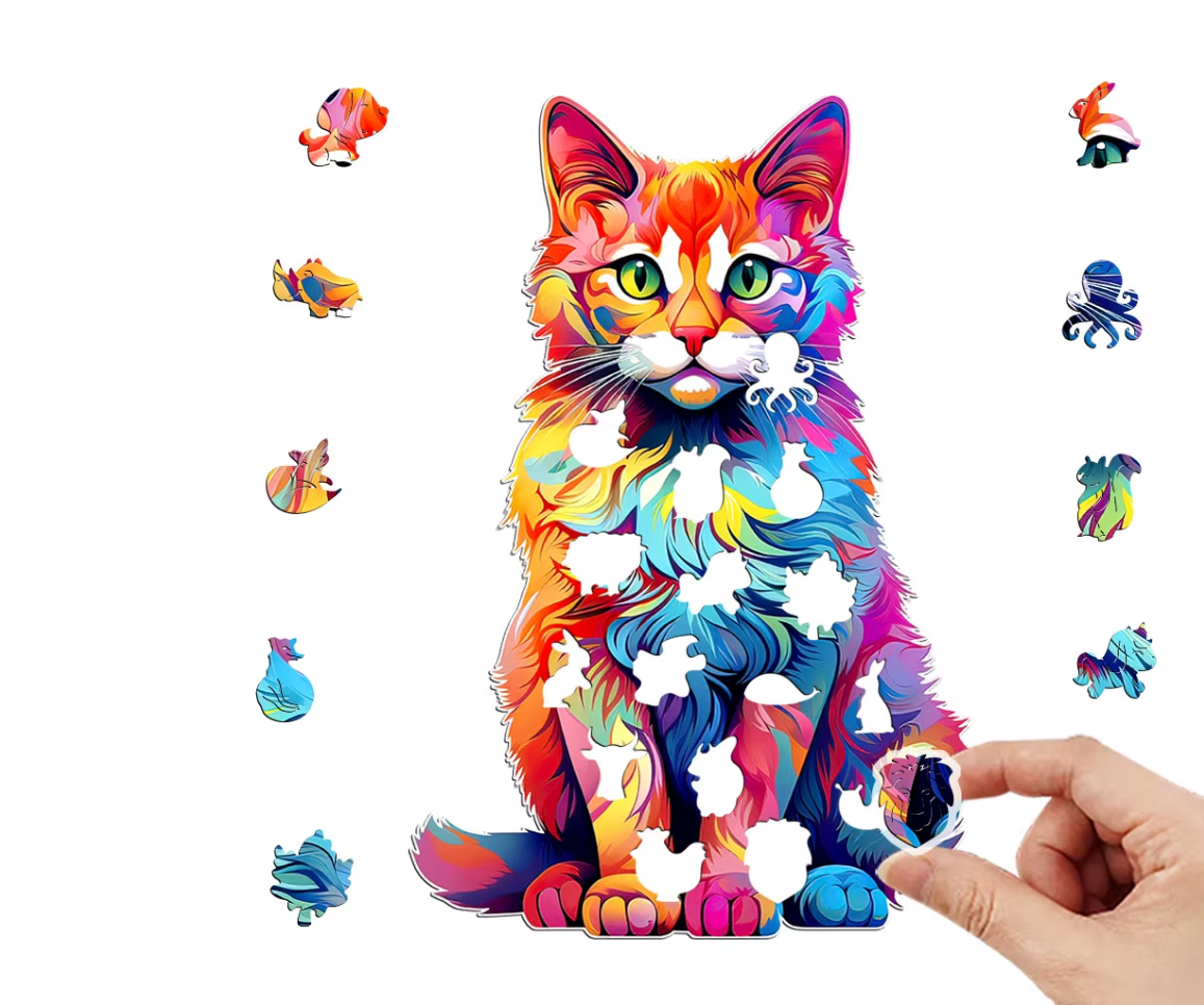 Colourful Wooden Cat Puzzle - A4 size with 135 pcs Ideal Gift Wooden Jigsaw Cat