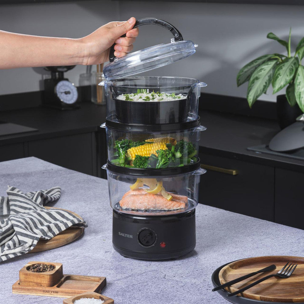 Salter Kuro 3-Tier 7L Food Steamer Lid Open