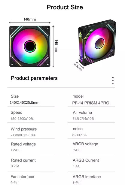 140mm Prism Pro Computer Fan ARGB 4 Pin PWM Quiet Cooling Fan - Forward